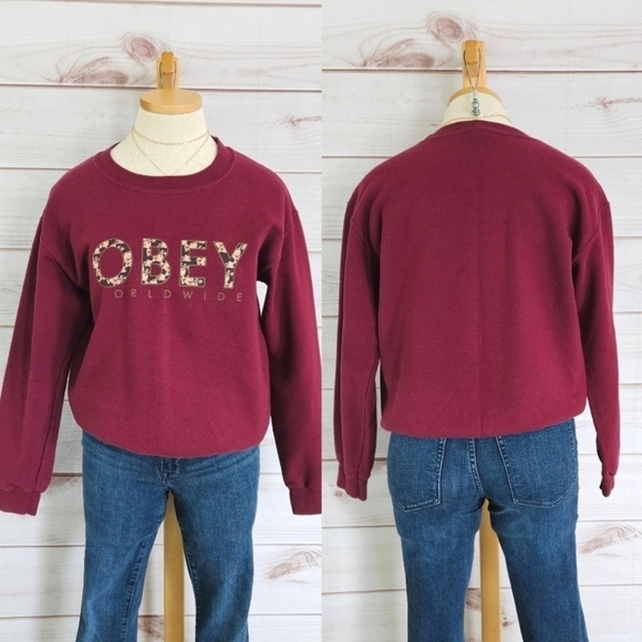 Obey Worldwide Propaganda Logo Cotton Crewneck Sweatshirt in Plum Size Small - Picture 1 of 10